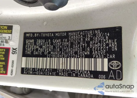 2015 Toyota Corolla L from USA, damaged, VIN 2T1BURHE9FC229423